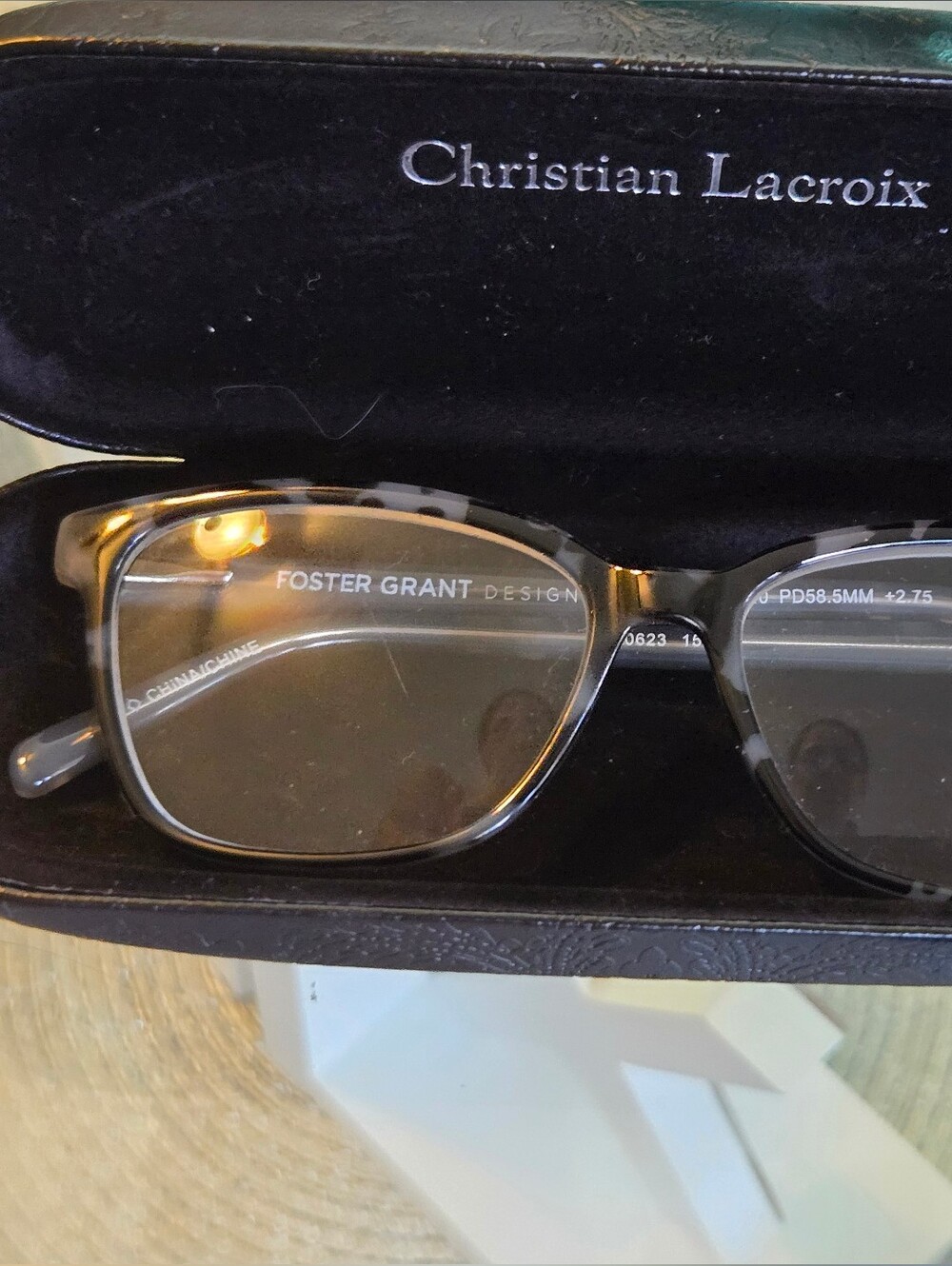 Christian Lacroix Black Embossed Hard Sunglass Case & Cleaning Cloth Like New